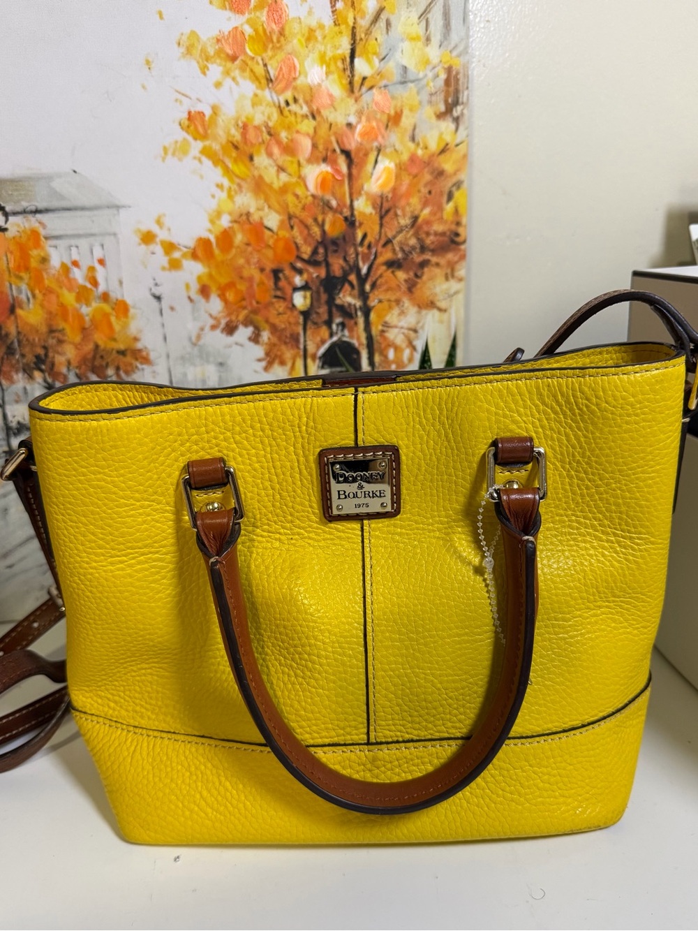 Dooney & Bourke Yellow Pebbled Leather Tote with Brown Handles